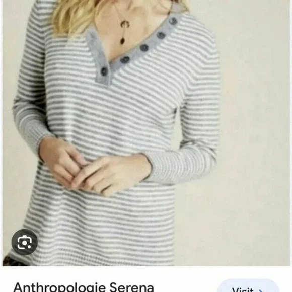 by Anthropologie Grey Stripe Serena Soft Knit Button V Neck Sweater XS - Picture 3 of 12